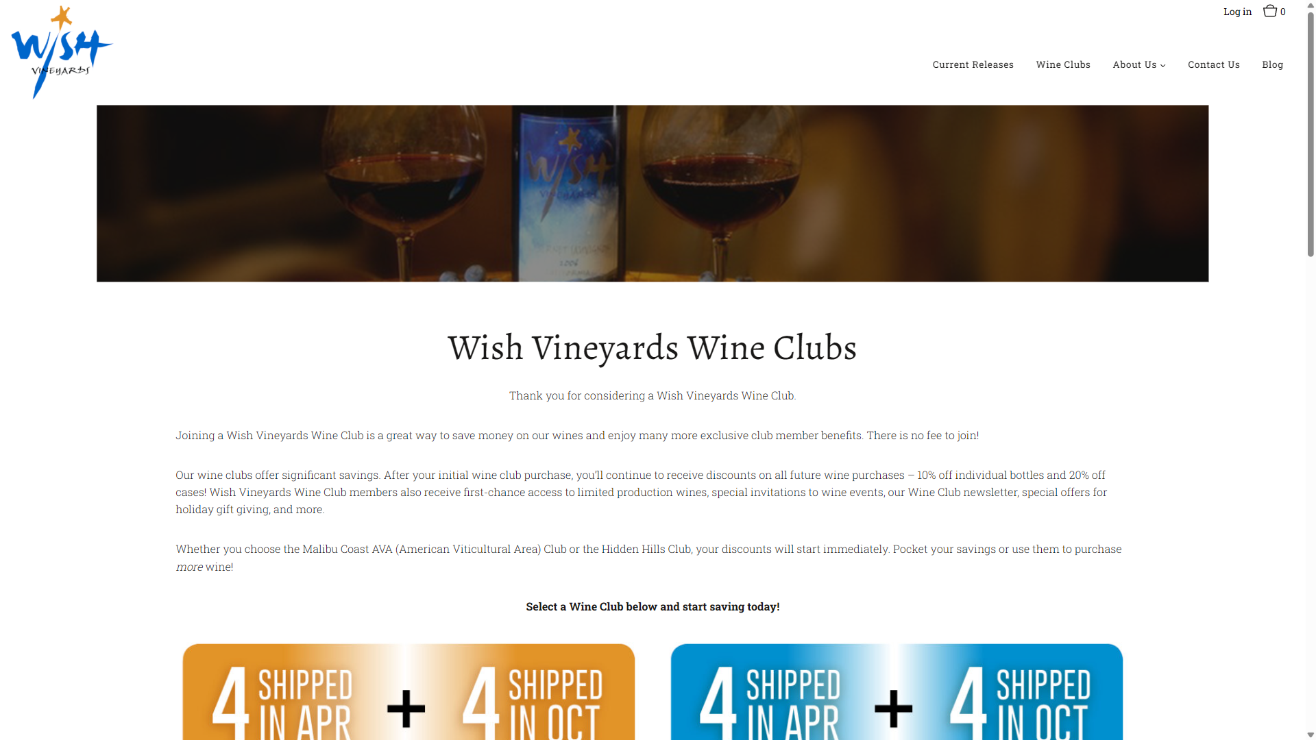 The Wish Vineyards Wine Clubs page on desktop: glasses of red wine beside a Wish bottle, above the club benefits and the spring and autumn shipment options.