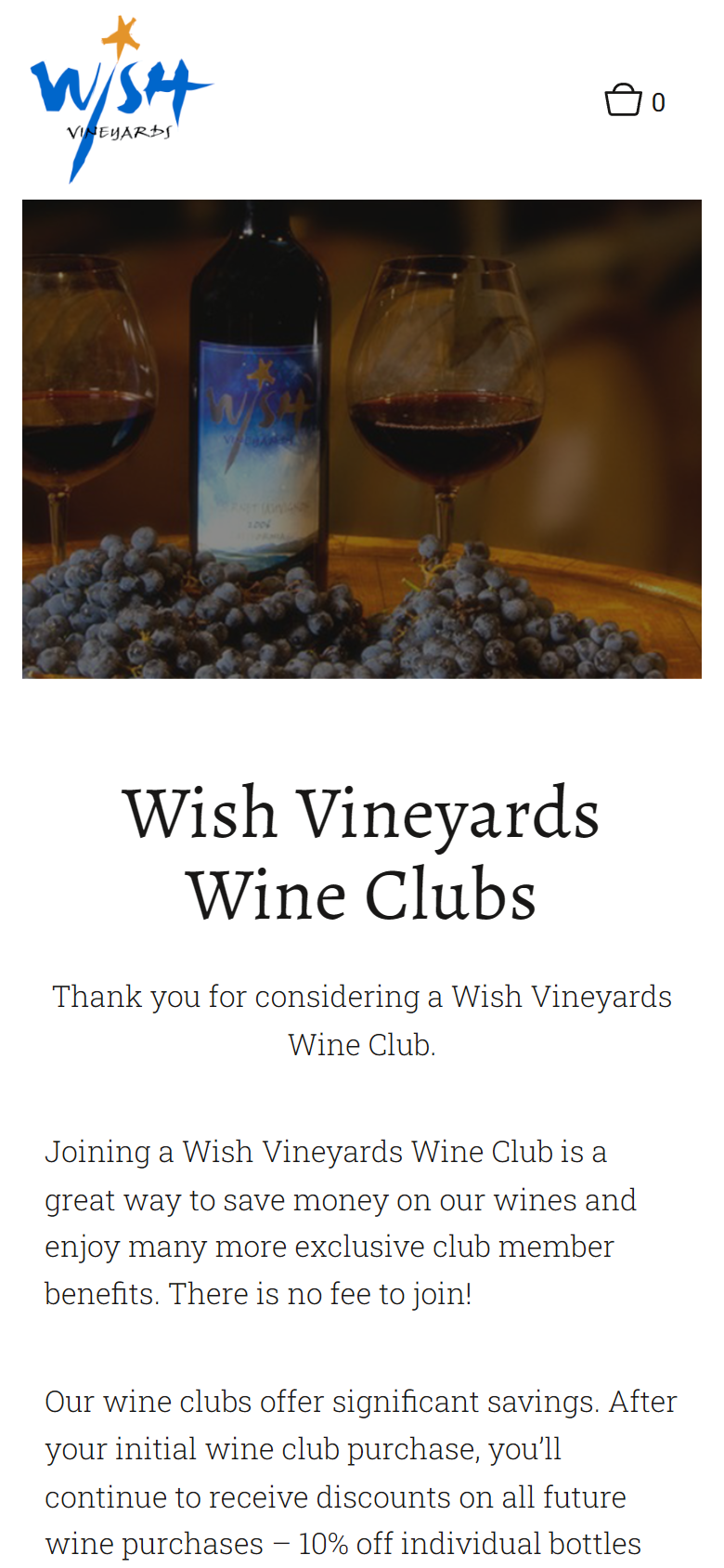The wine clubs page on a phone: the bottle and glasses above "Wish Vineyards Wine Clubs" and the member savings.