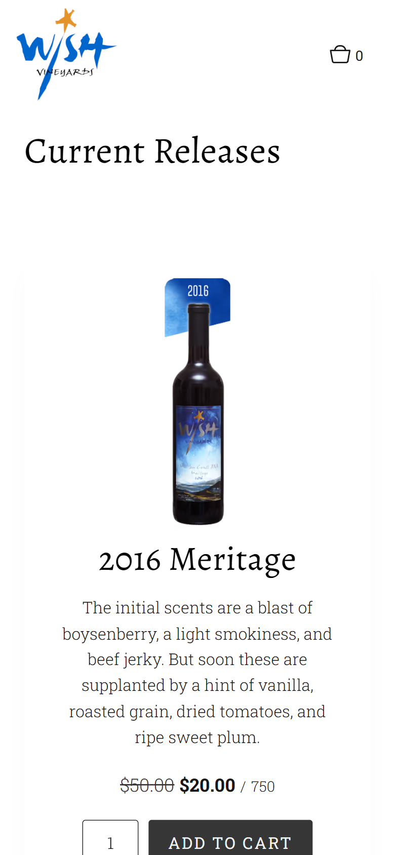 The Current Releases shop on a phone, showing the 2016 Meritage with tasting notes and an Add to Cart button.