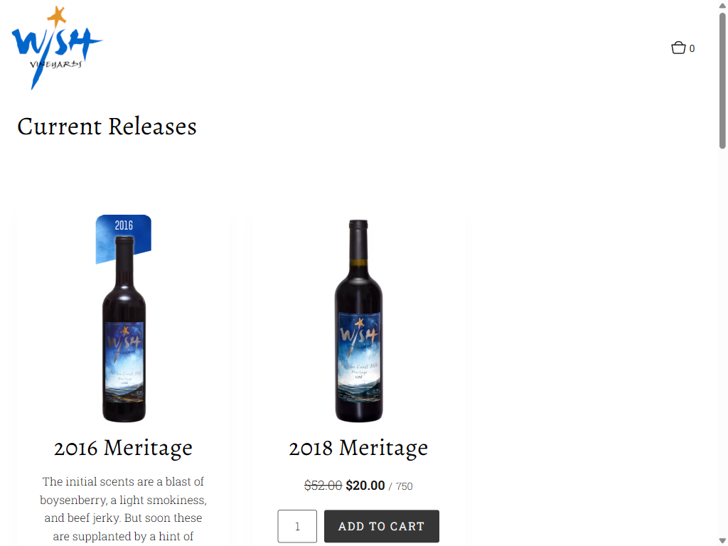 The Current Releases shop on a tablet, showing the 2016 Meritage and the 2018 Meritage, reduced to $20.00, with an Add to Cart button.